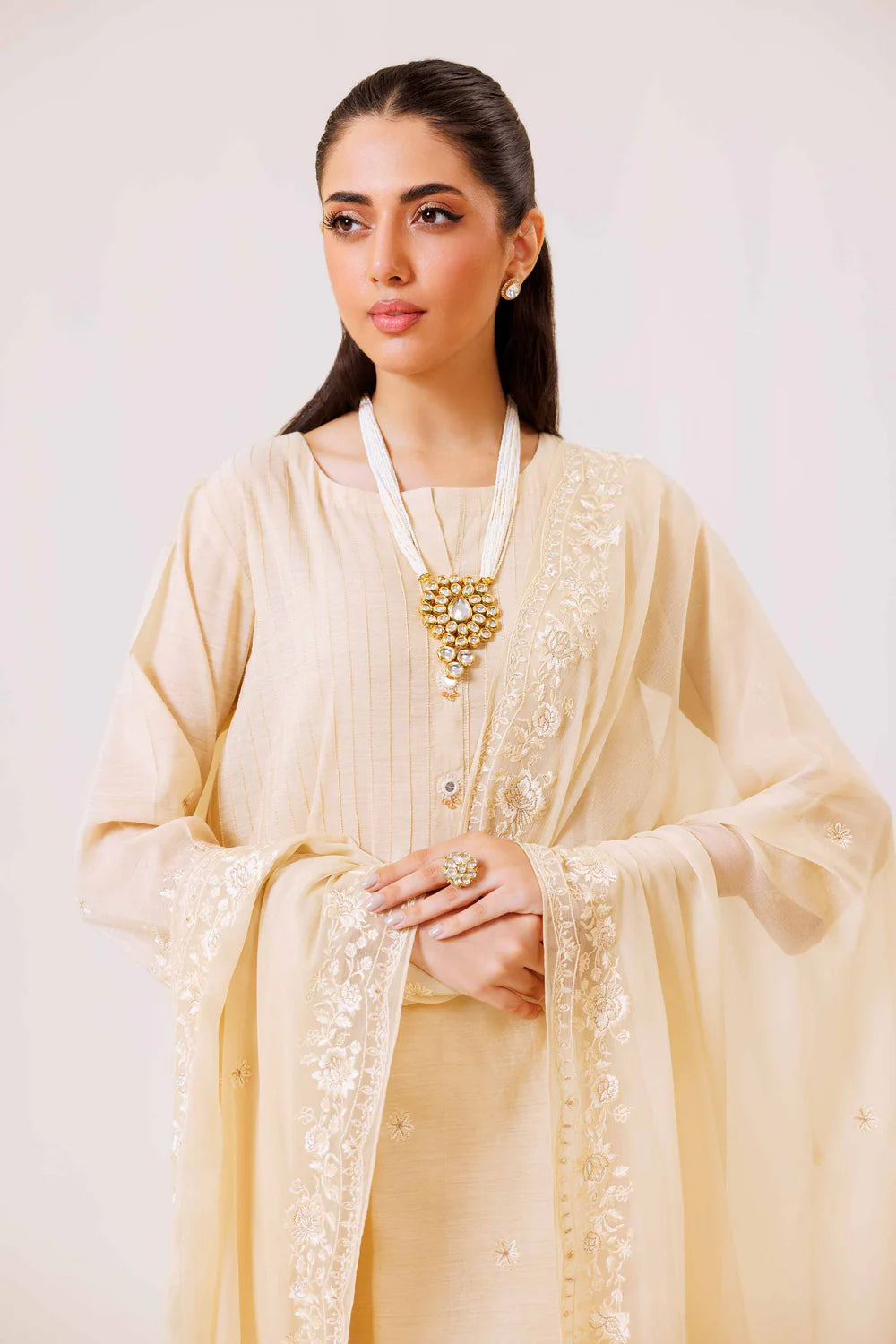 Beige embroidered lawn suit