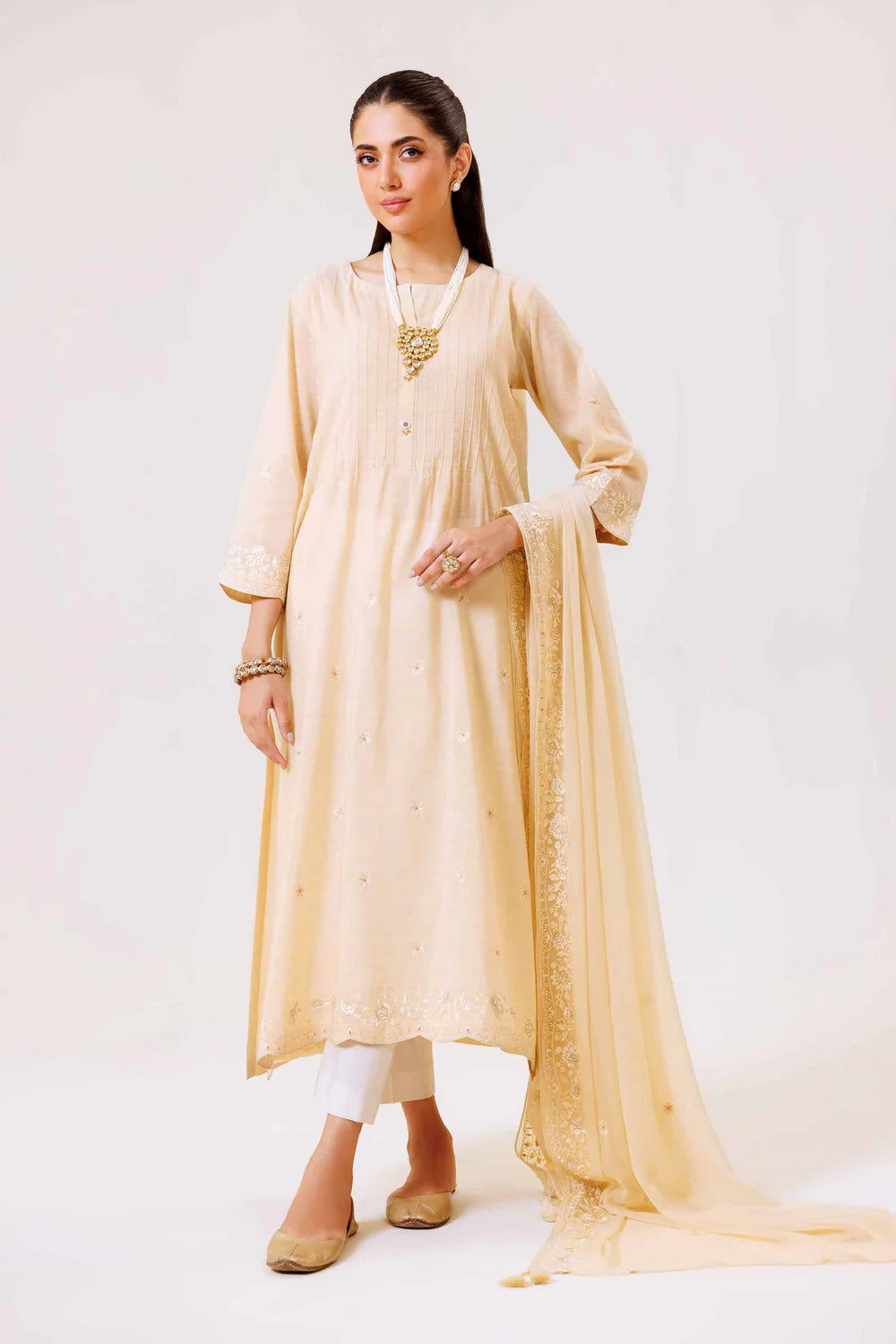 Beige embroidered lawn suit
