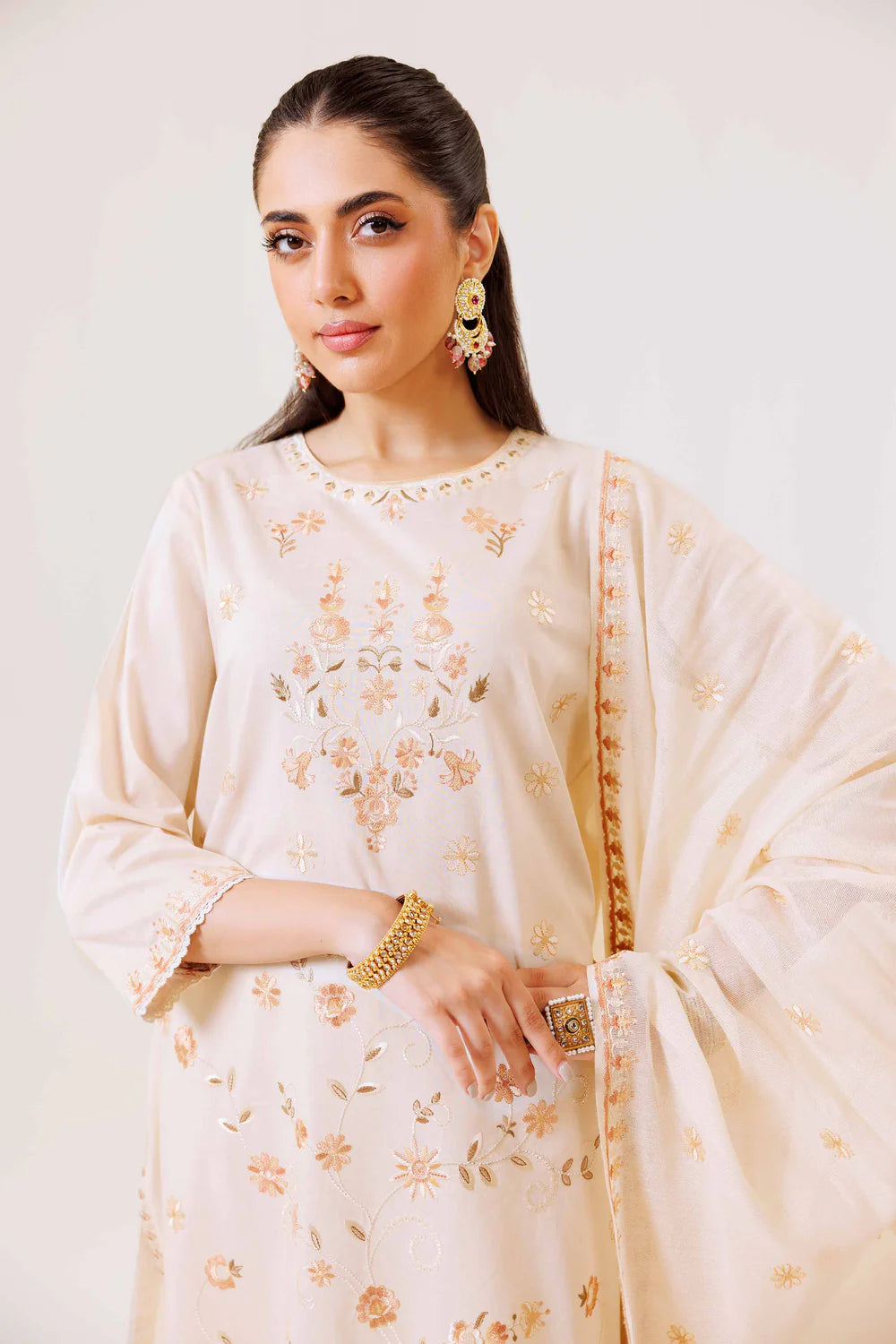 Beige embroidered lawn suit