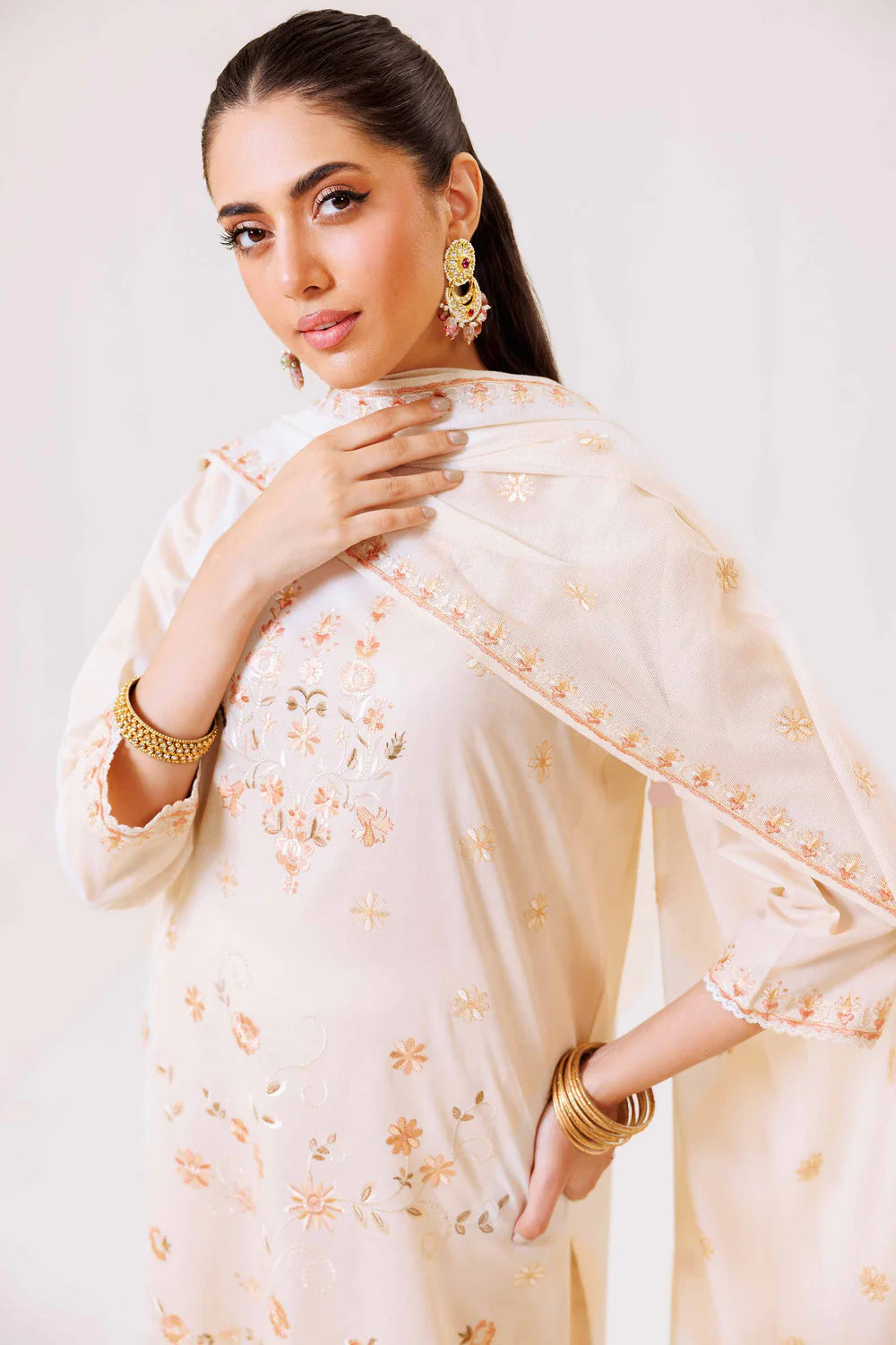 Beige embroidered lawn suit