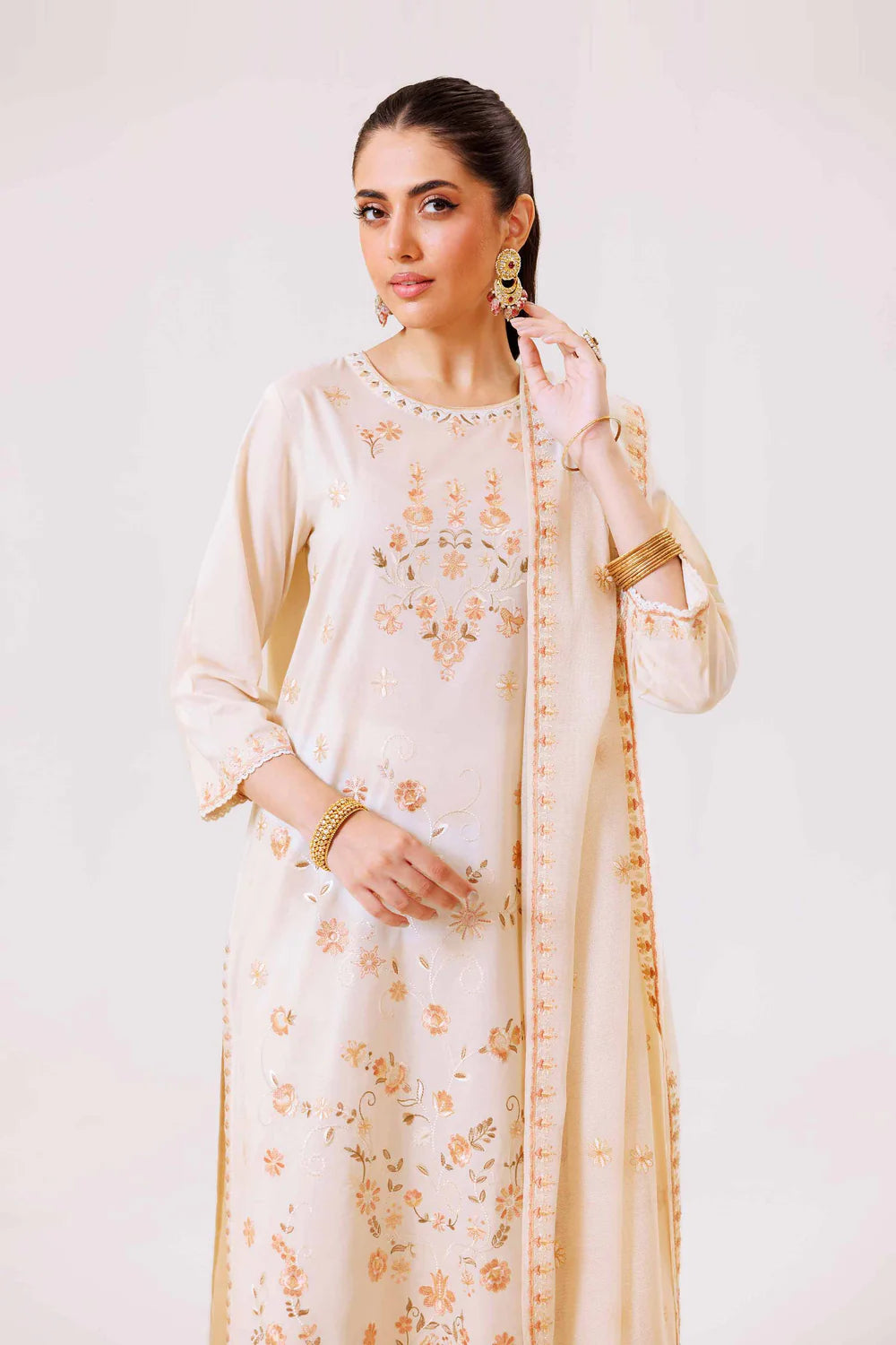 Beige embroidered lawn suit