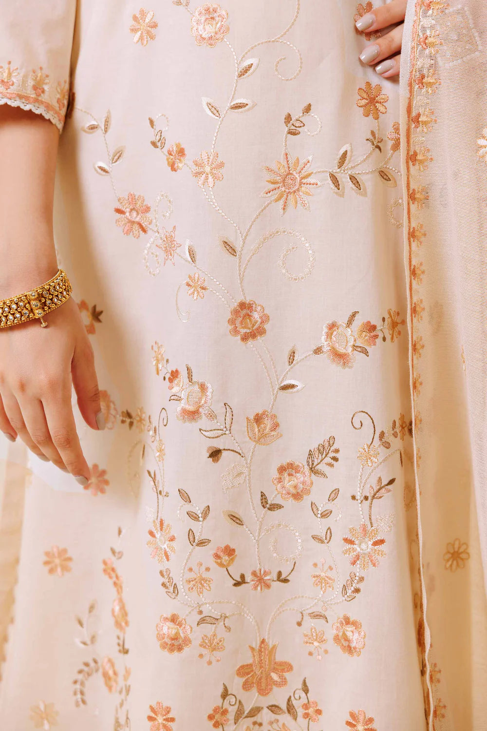 Beige embroidered lawn suit
