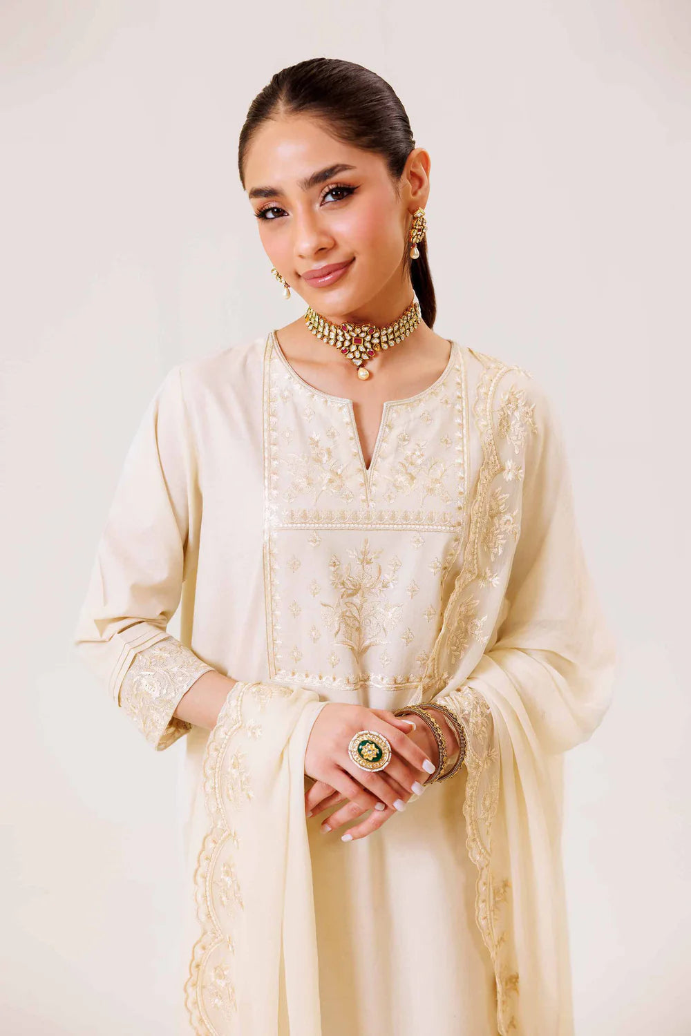 Cream embroidered lawn suit