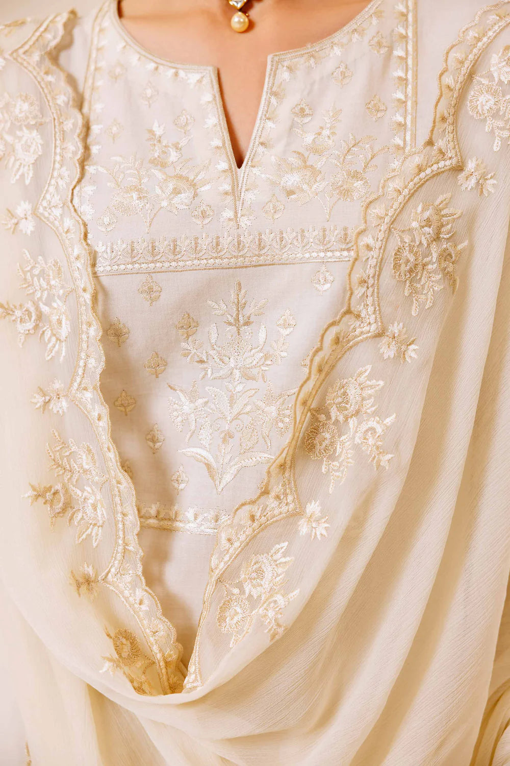 Cream embroidered lawn suit