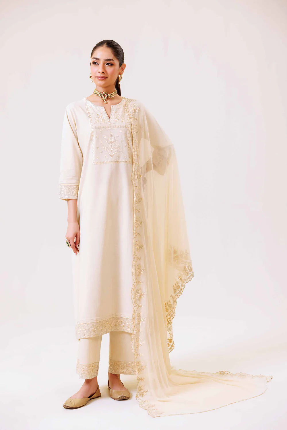 Cream embroidered lawn suit