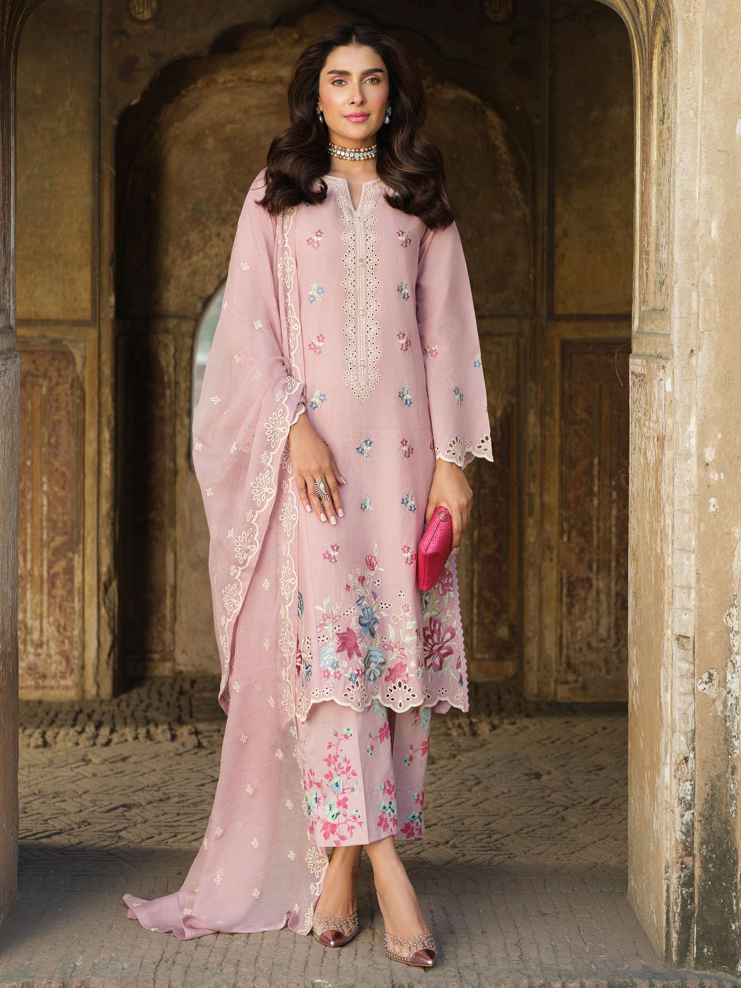 Pink Embroidered Cambric Suit
