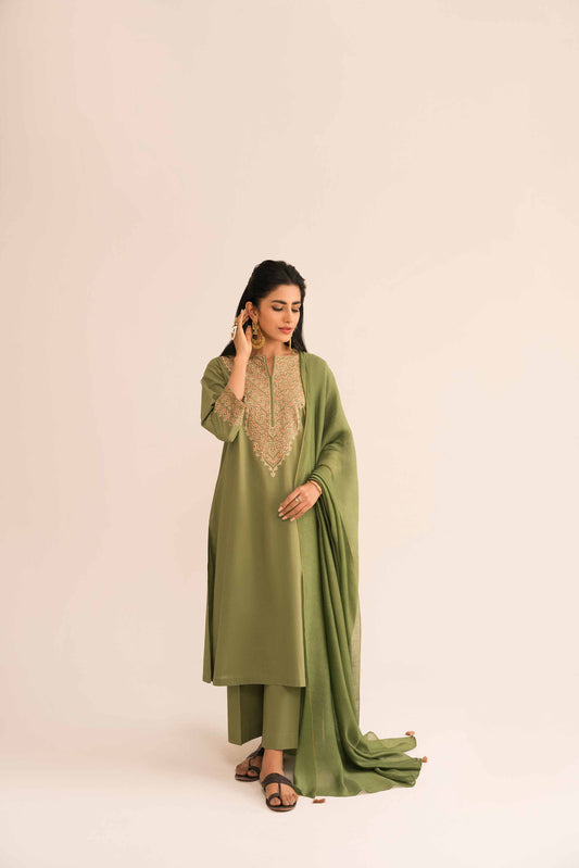 Green embroidered cambric suit