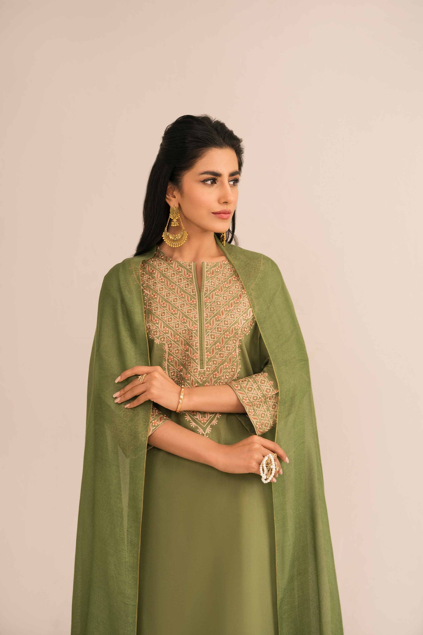 Green embroidered cambric suit