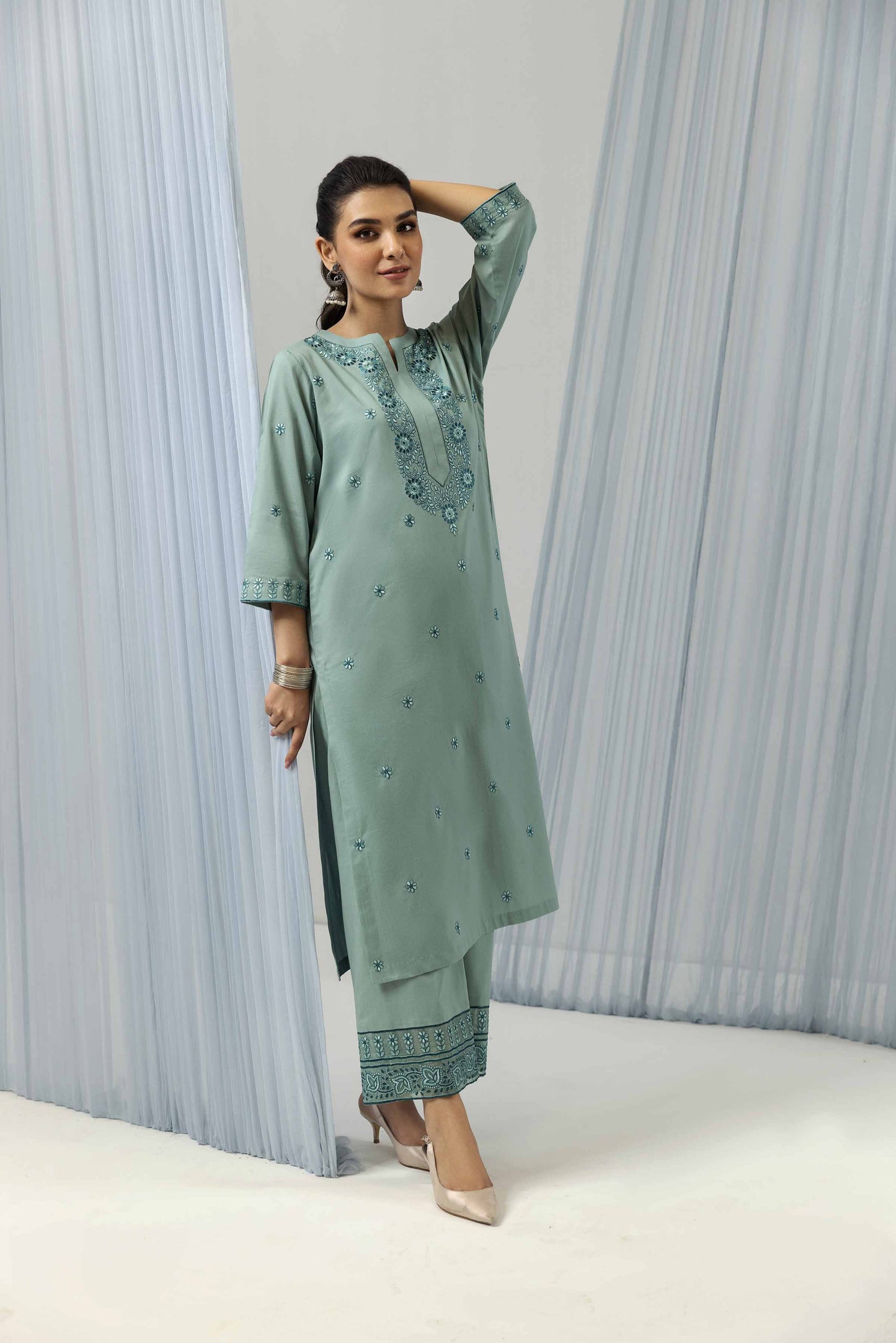 Aqua embroidered cambric suit