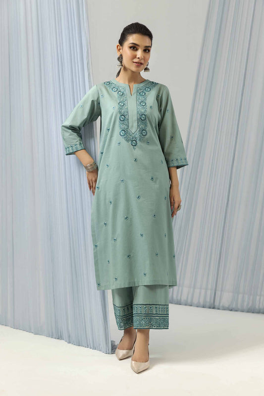 Aqua embroidered cambric suit