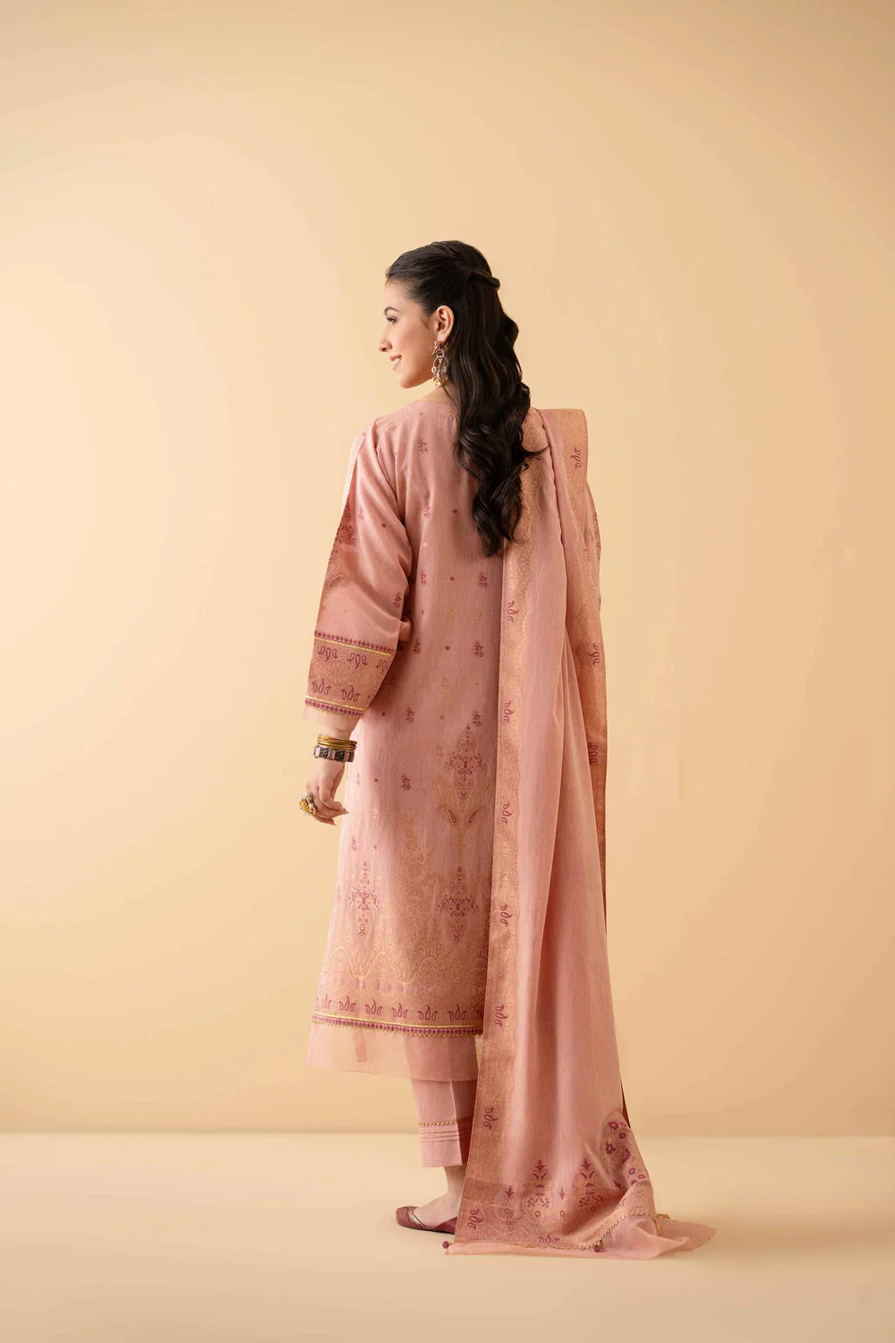 Peach Pink lawn jacquard suit