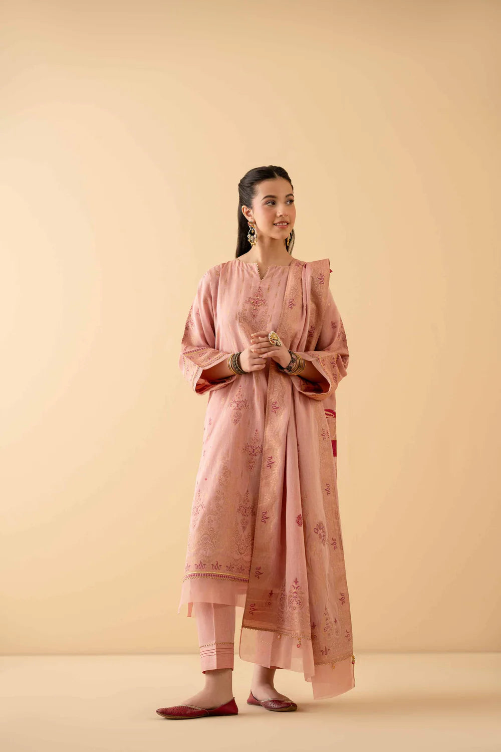 Peach Pink lawn jacquard suit
