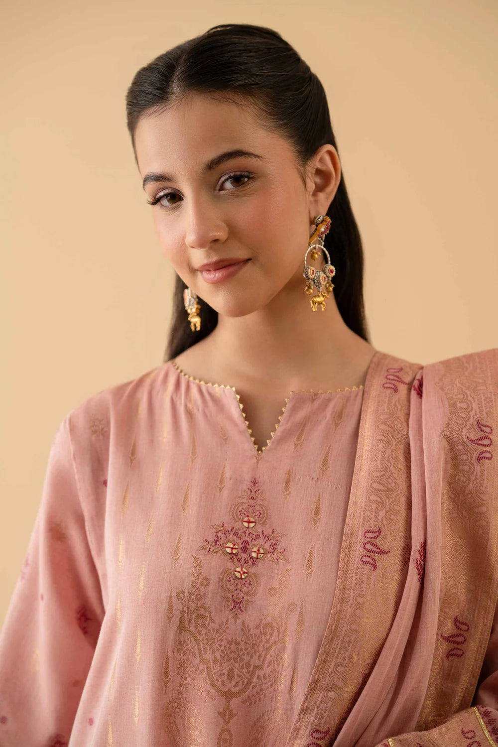 Peach Pink lawn jacquard suit