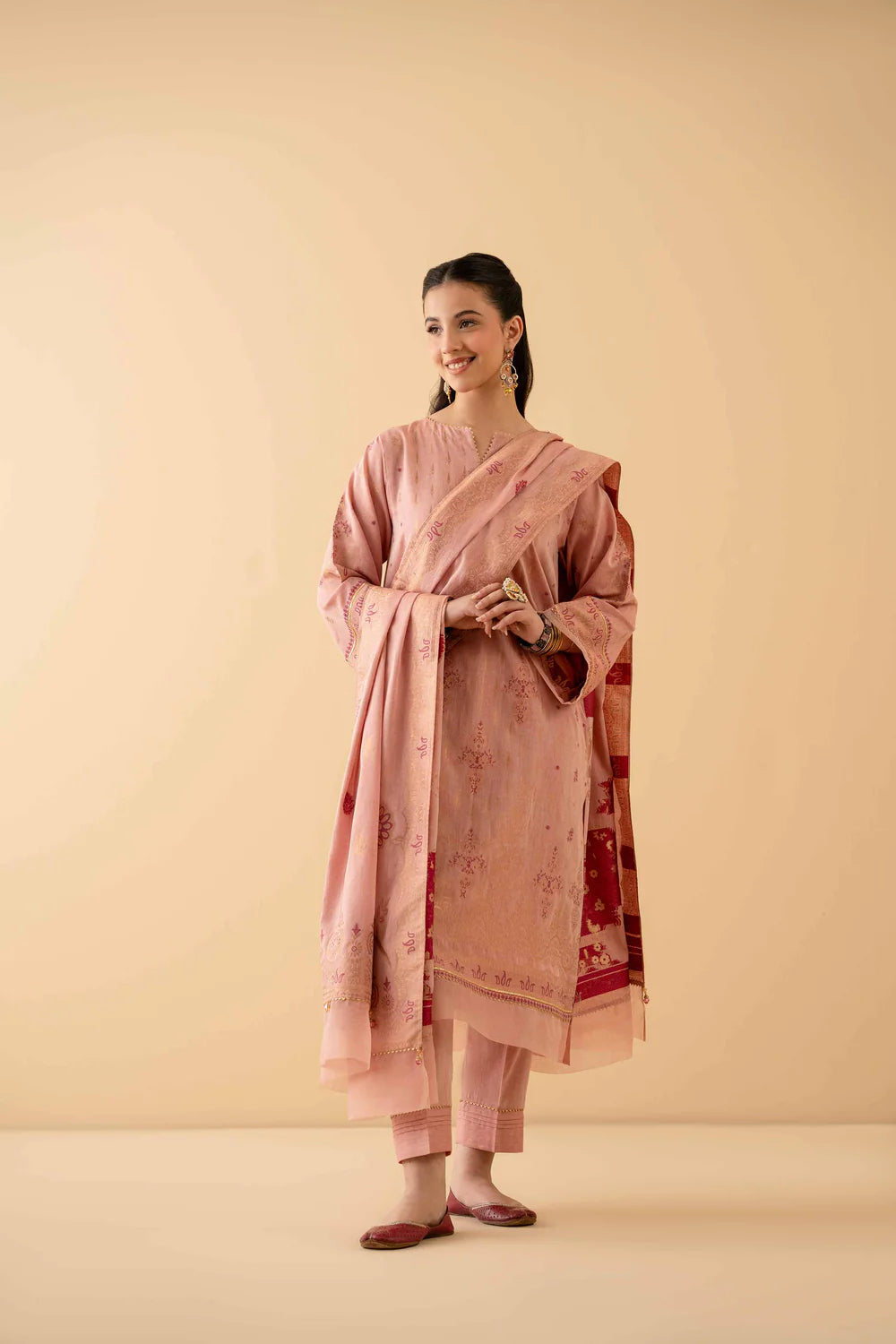 Peach Pink lawn jacquard suit