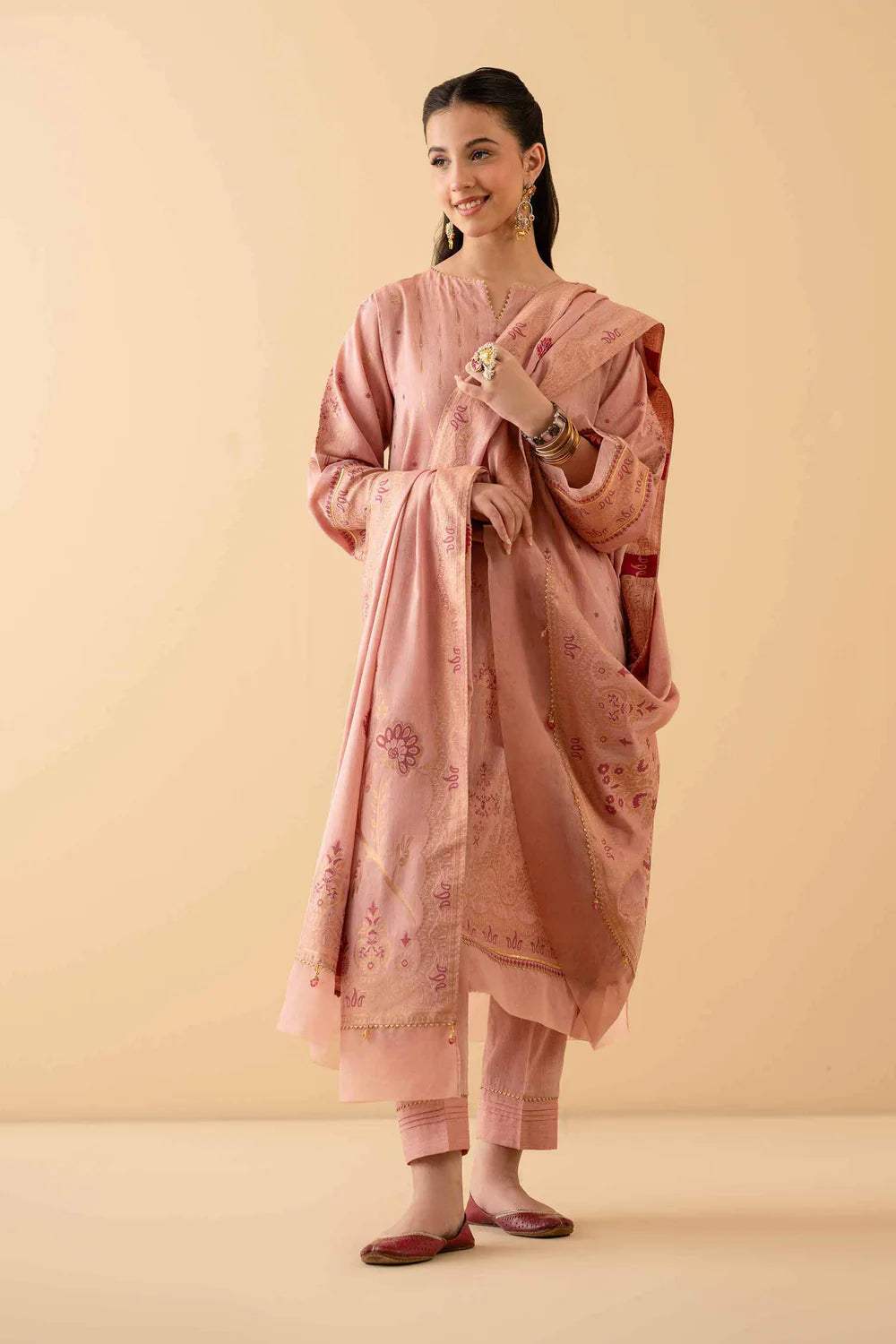 Peach Pink lawn jacquard suit