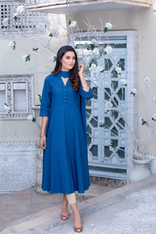 Blue dobby frock with chiffon dupatta