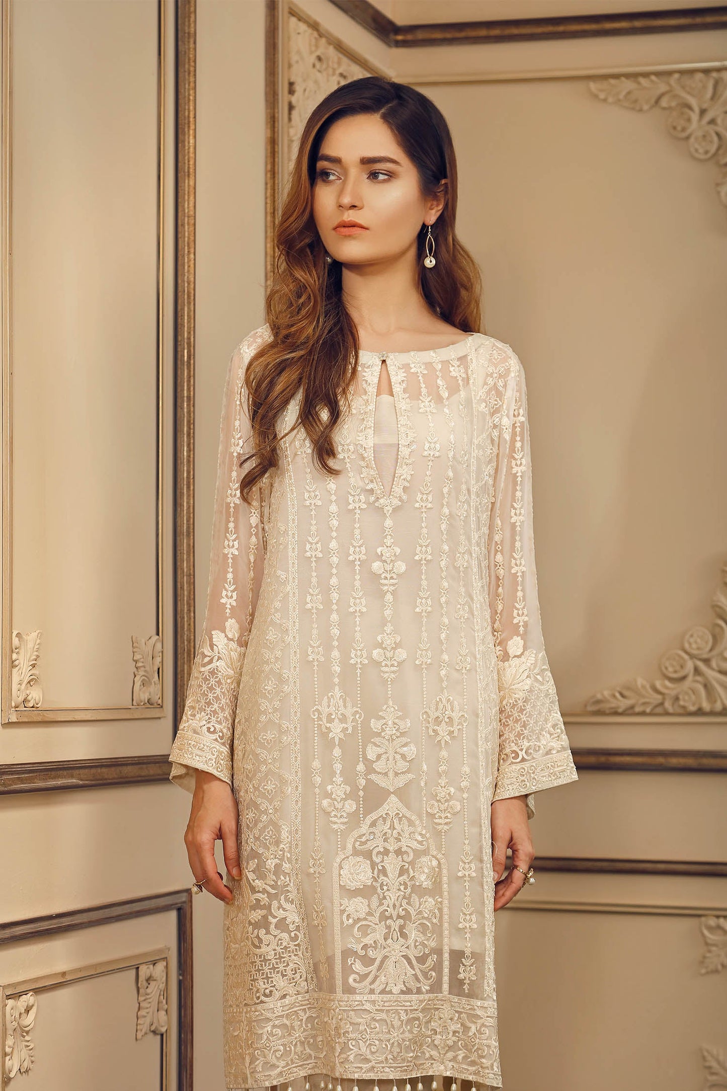 Off-White Embroidered Chiffon Suit