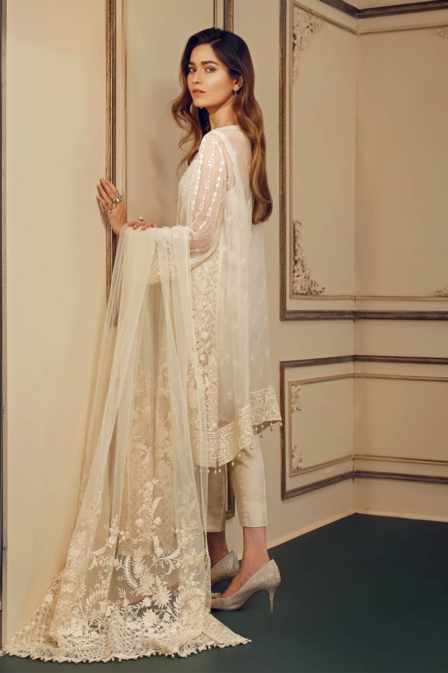 Off-White Embroidered Chiffon Suit