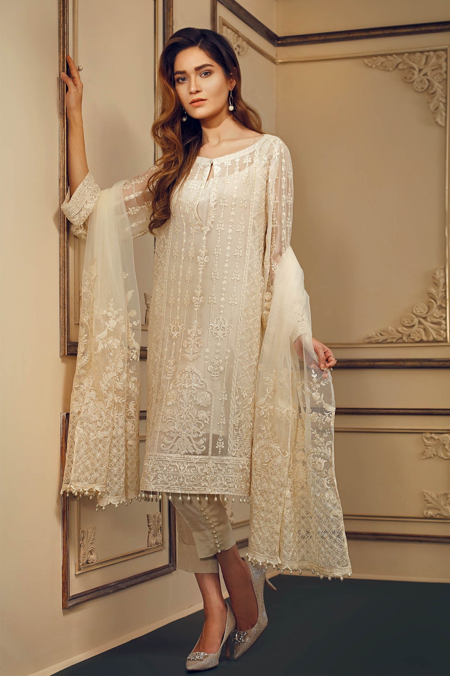 Off-White Embroidered Chiffon Suit
