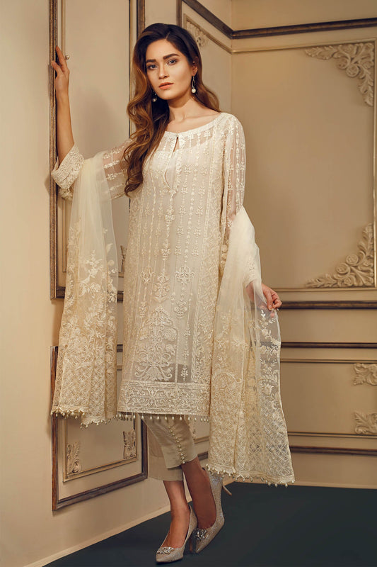 Off-White Embroidered Chiffon Suit