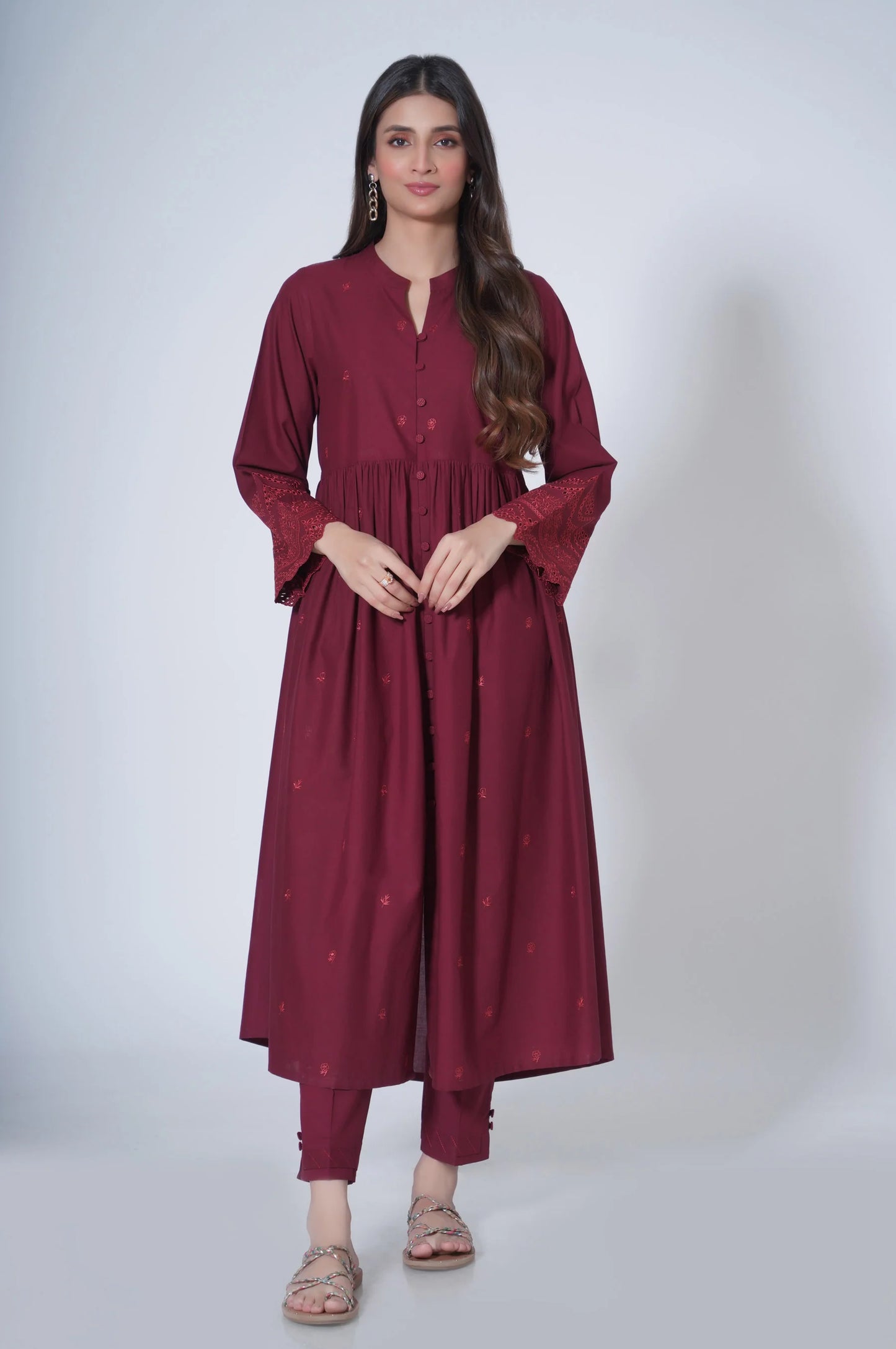 Maroon Embroidered Cambric Suit