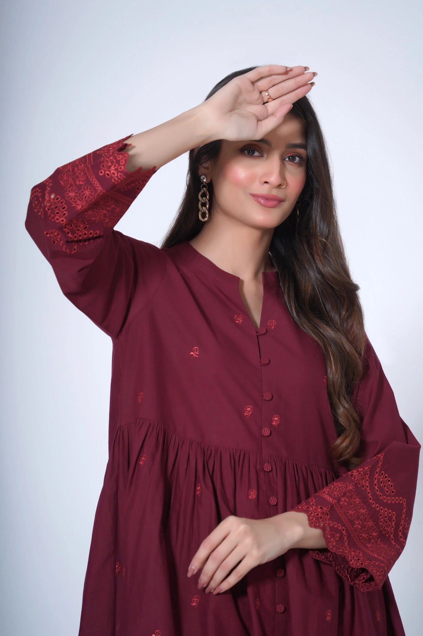 Maroon Embroidered Cambric Suit
