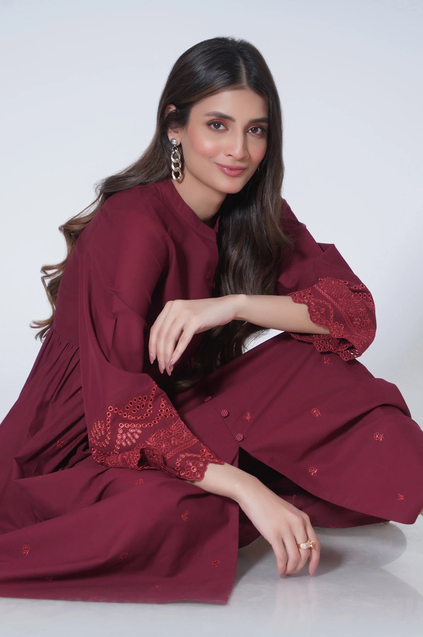 Maroon Embroidered Cambric Suit