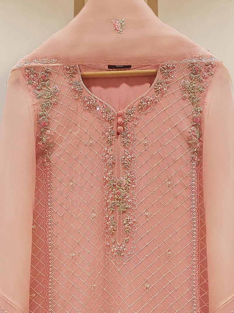 Tea Pink Heavily Embroidered Chiffon Suit