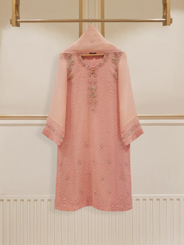 Tea Pink Heavily Embroidered Chiffon Suit