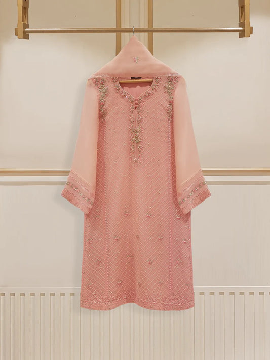 Tea Pink Heavily Embroidered Chiffon Suit
