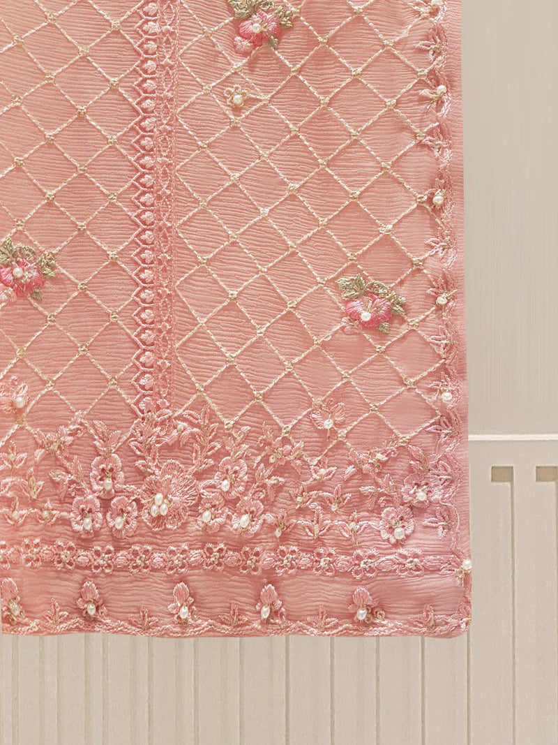 Tea Pink Heavily Embroidered Chiffon Suit