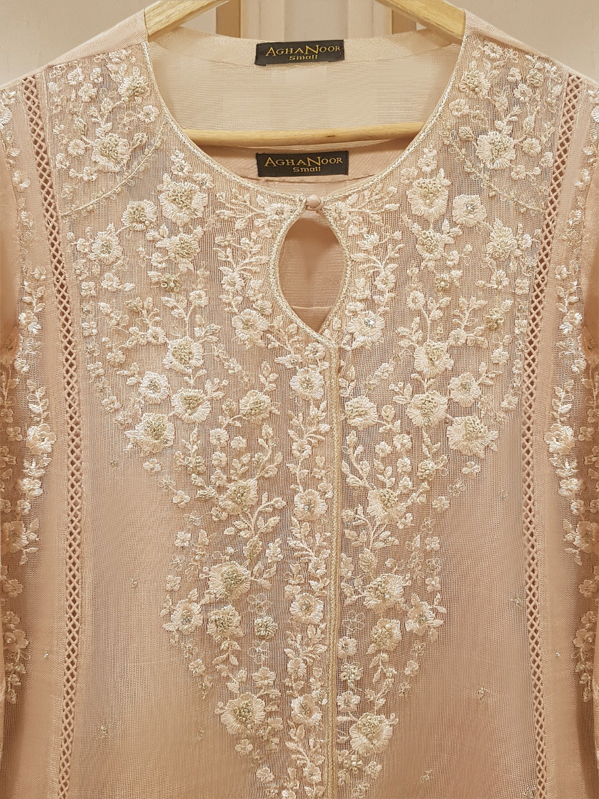 Beige Heavily Embroidered Cotton Net Suit