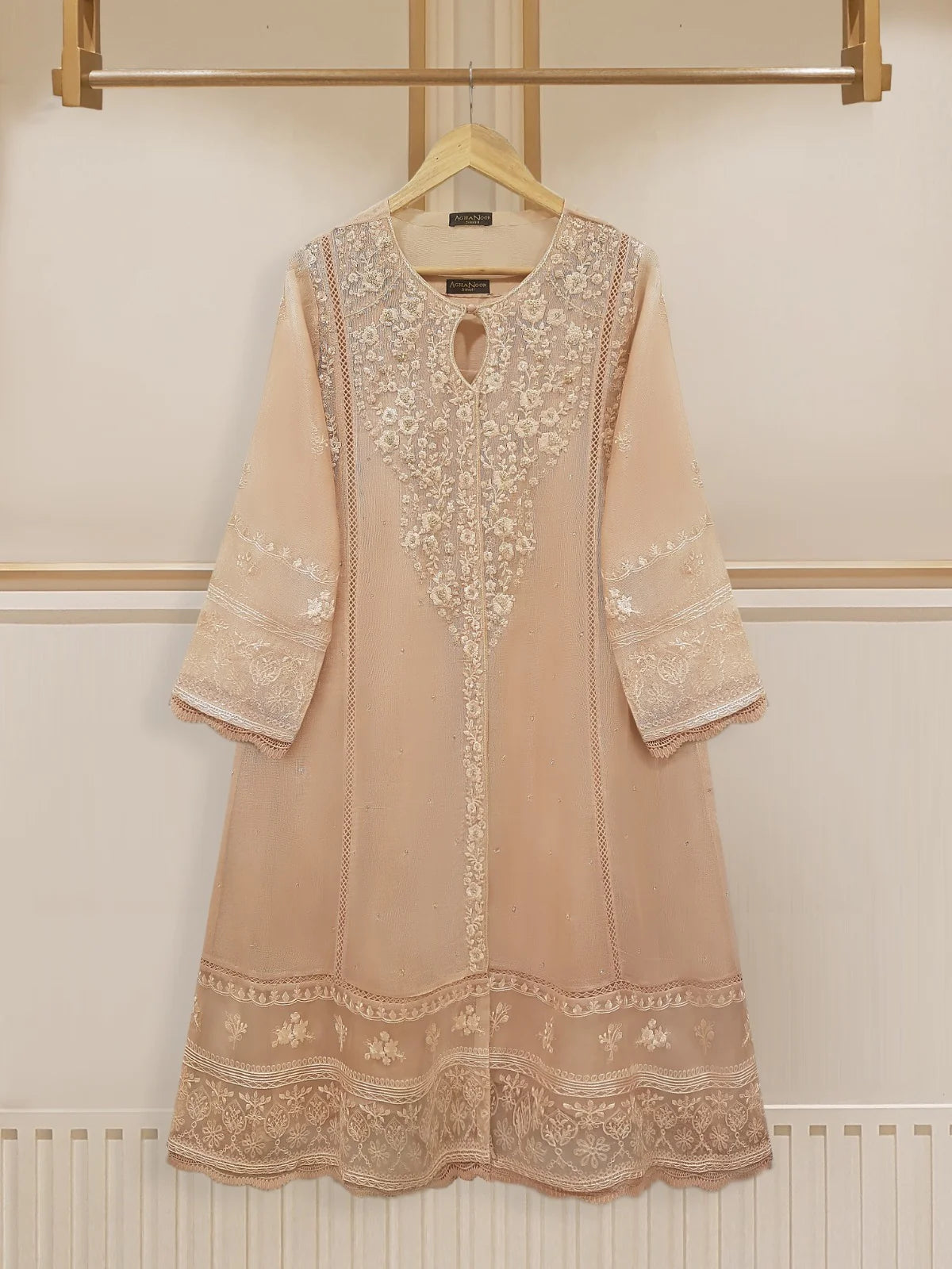 Beige Heavily Embroidered Cotton Net Suit