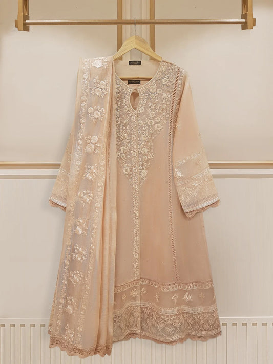 Beige Heavily Embroidered Cotton Net Suit