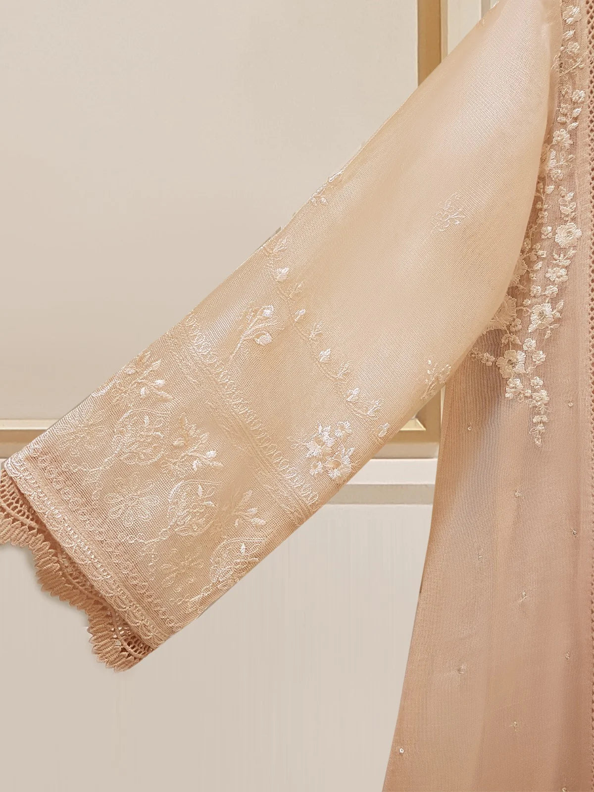 Beige Heavily Embroidered Cotton Net Suit