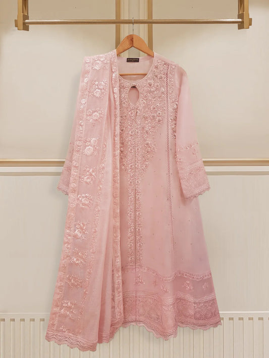 Pink Heavily Embroidered Cotton Net Suit