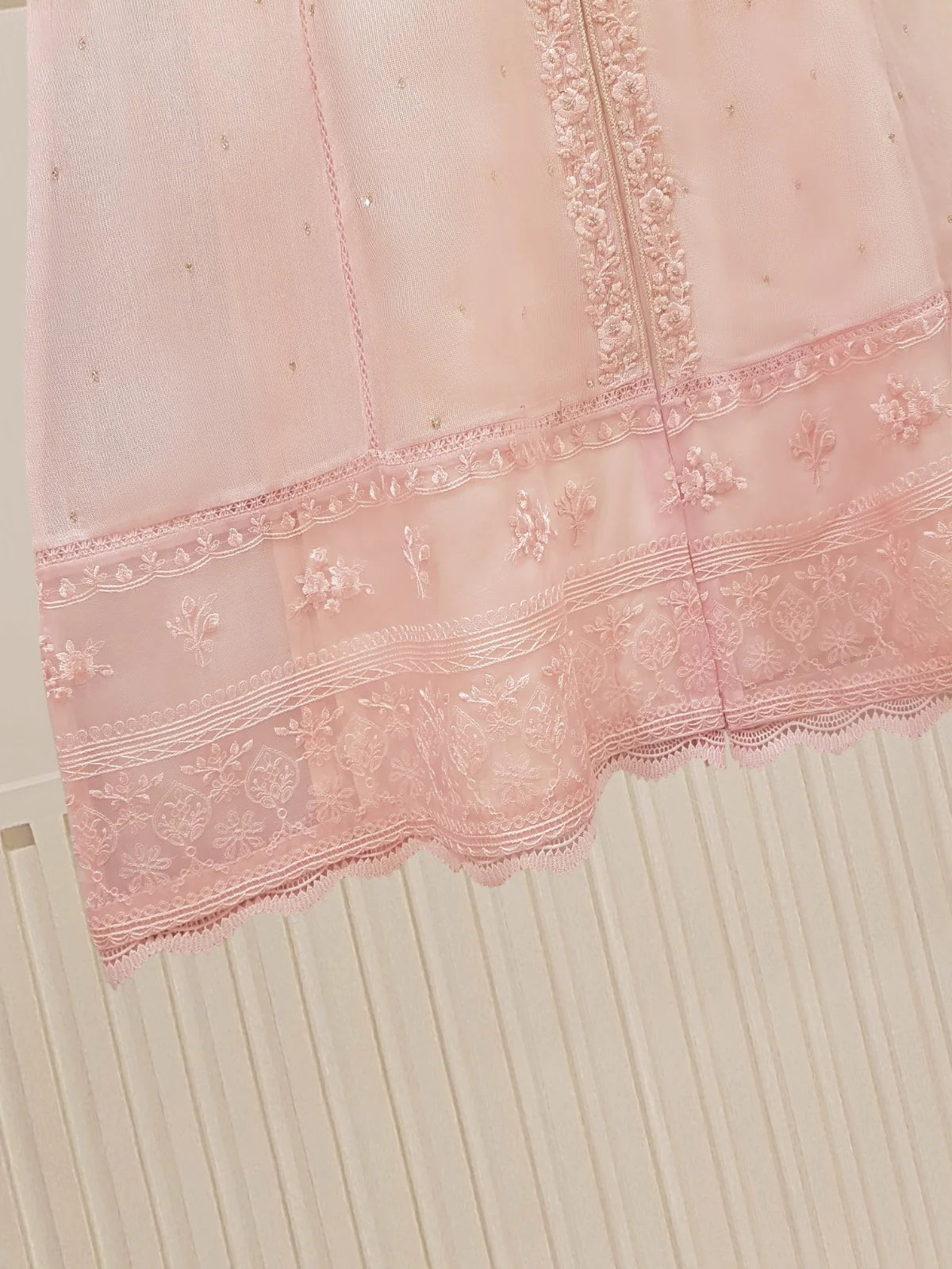 Pink Heavily Embroidered Cotton Net Suit