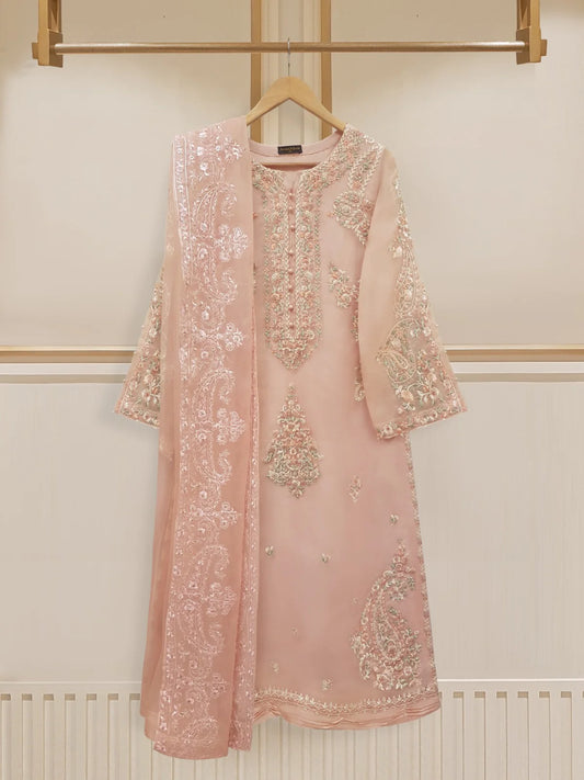 Pink Heavily Embroidered Organza Suit
