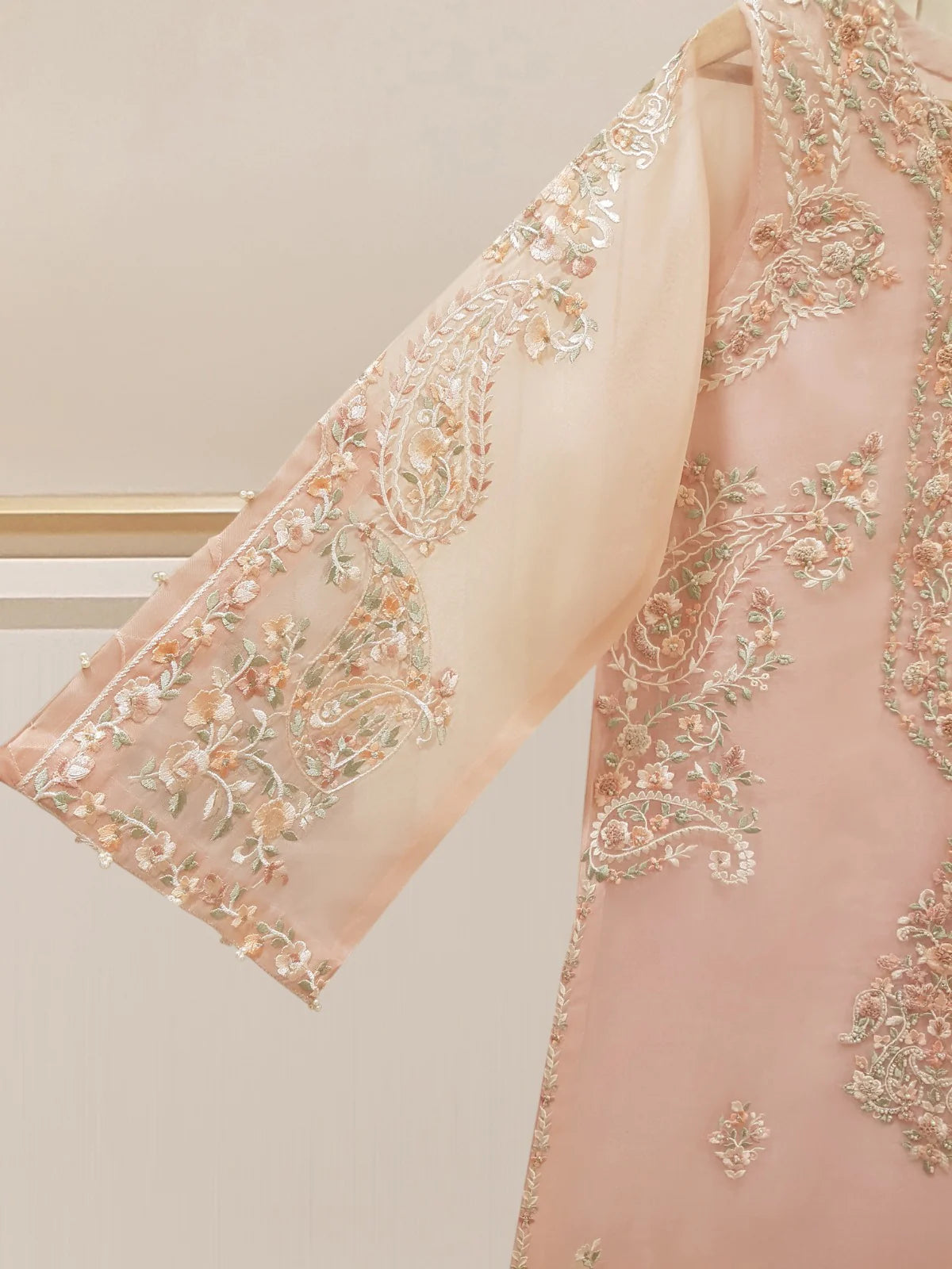 Pink Heavily Embroidered Organza Suit