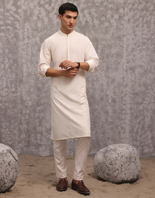 White Blended Kurta Trouser