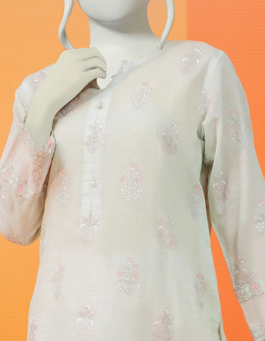 Light ferozi screen printed lawn shirt