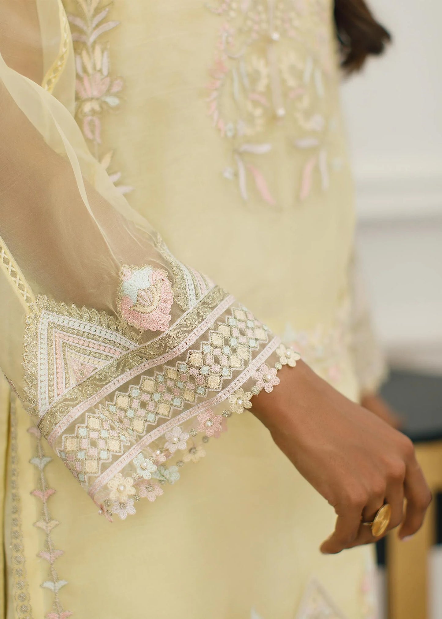 Yellow Embroidered Organza Suit