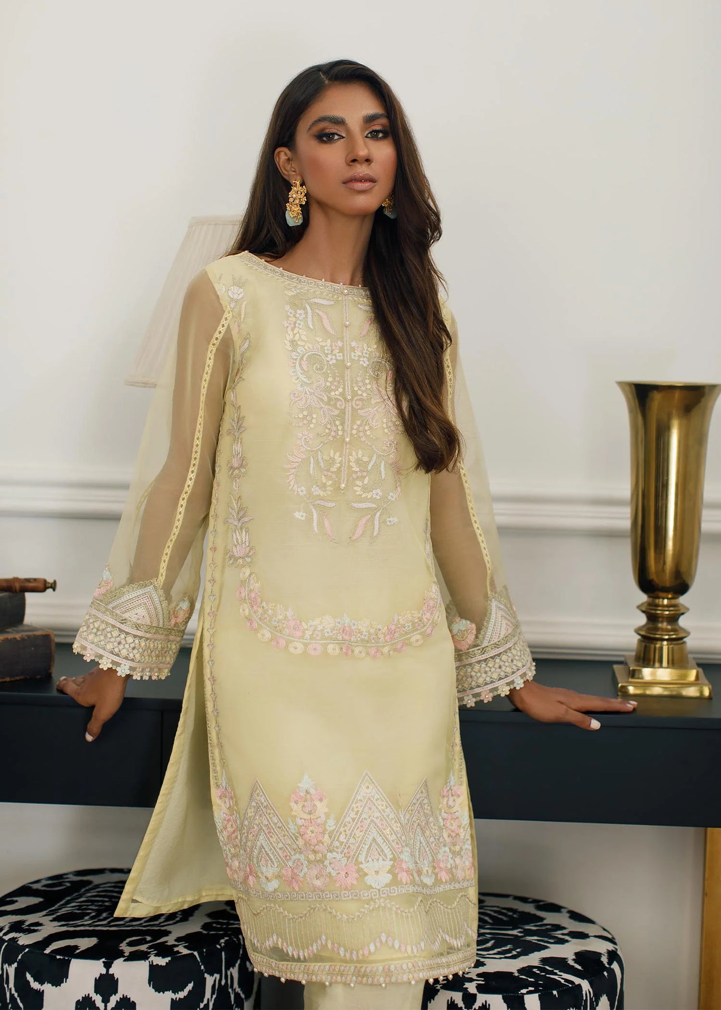 Yellow Embroidered Organza Suit