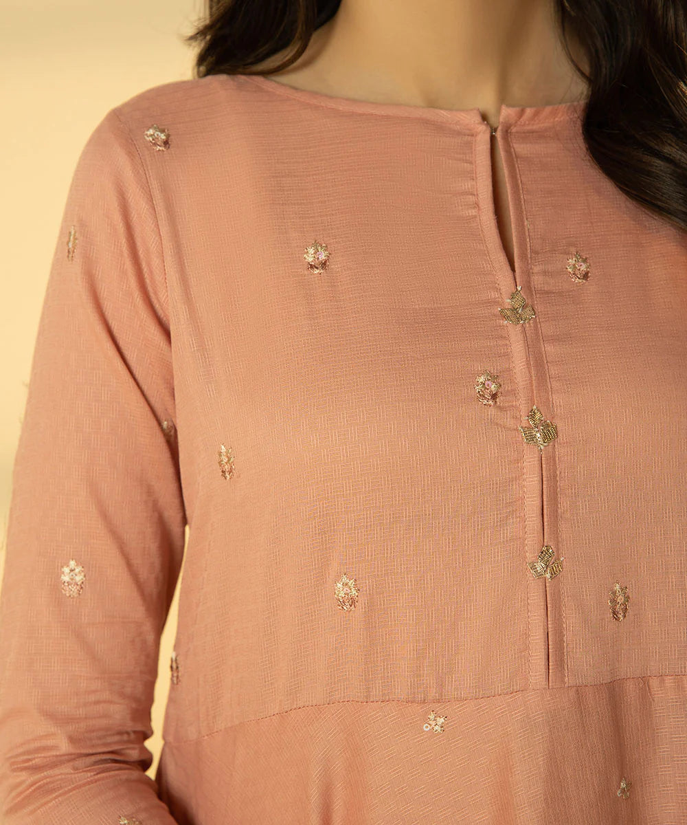 Tea Pink Embroidered Cotton Frock