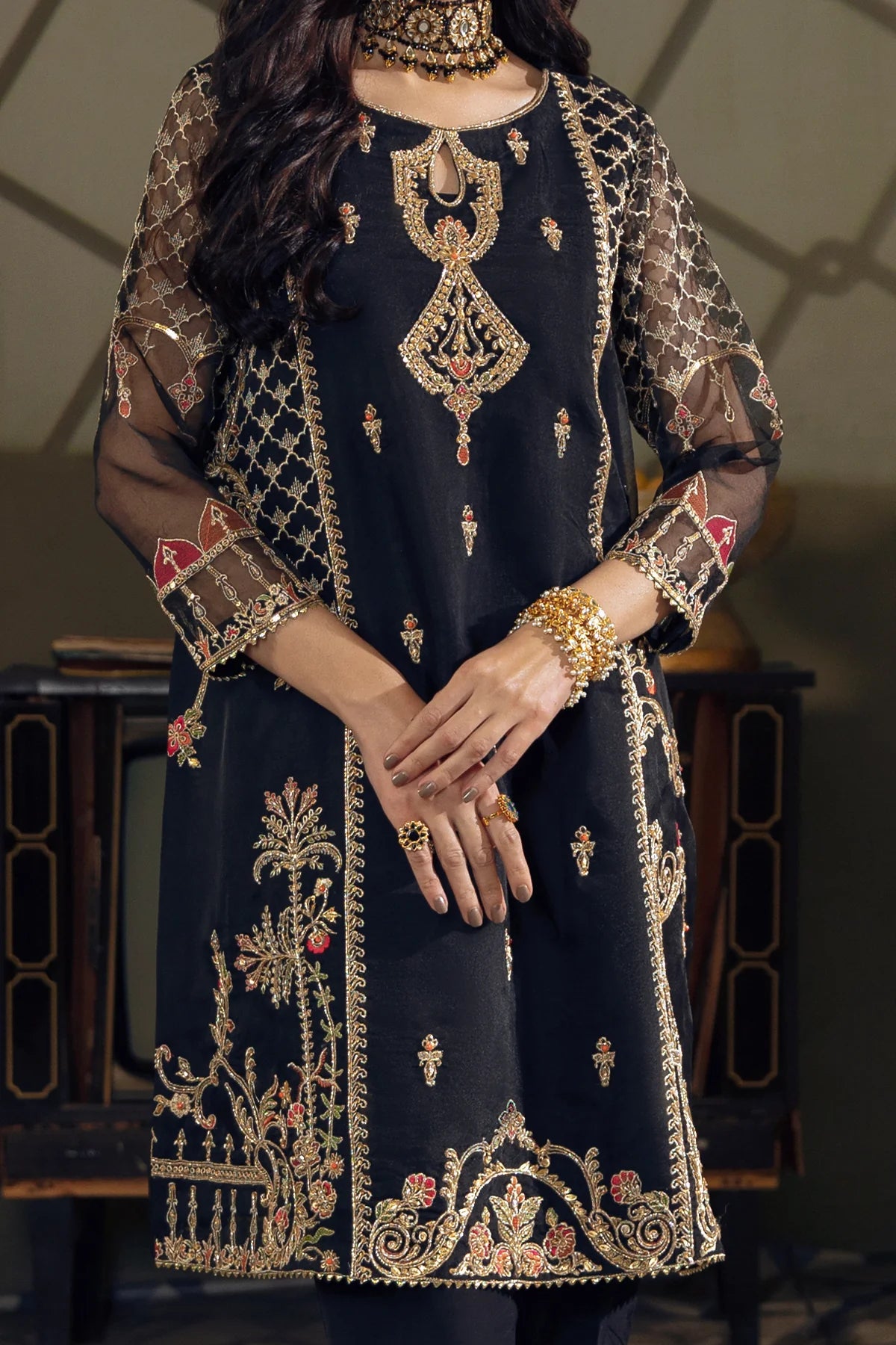 Black Embroidered Organza Suit