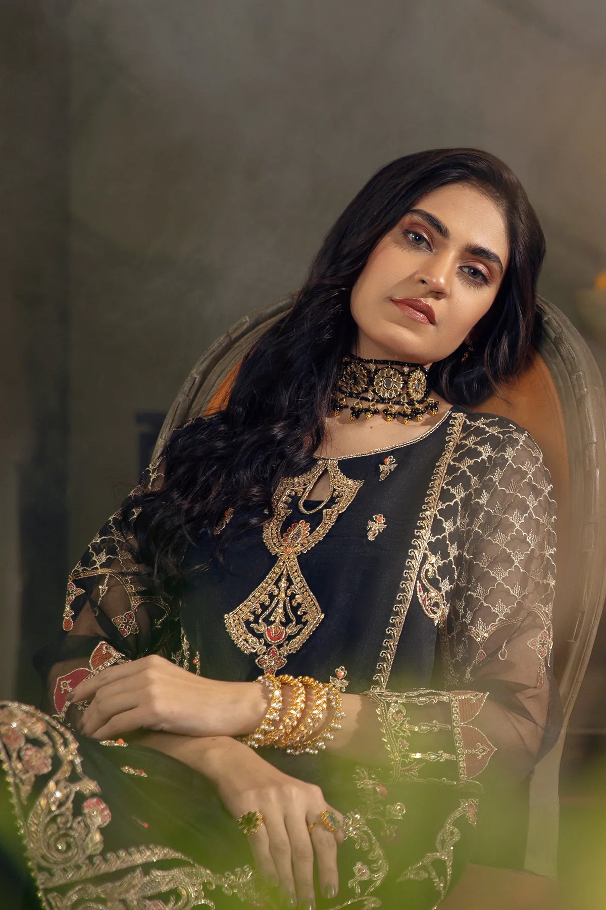 Black Embroidered Organza Suit