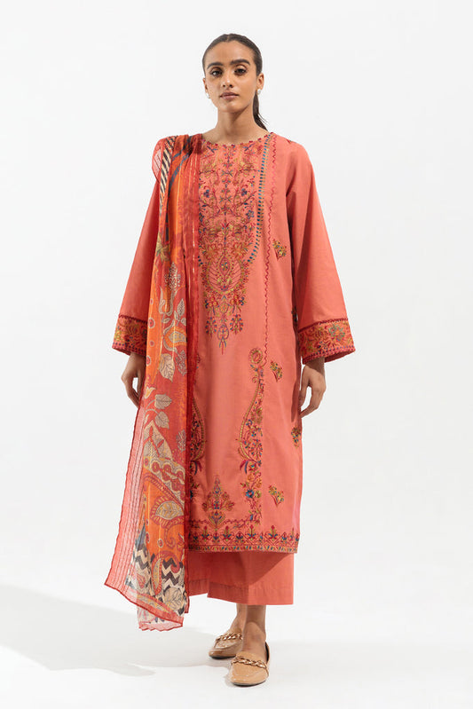 Coral Embroidered Cambric Suit