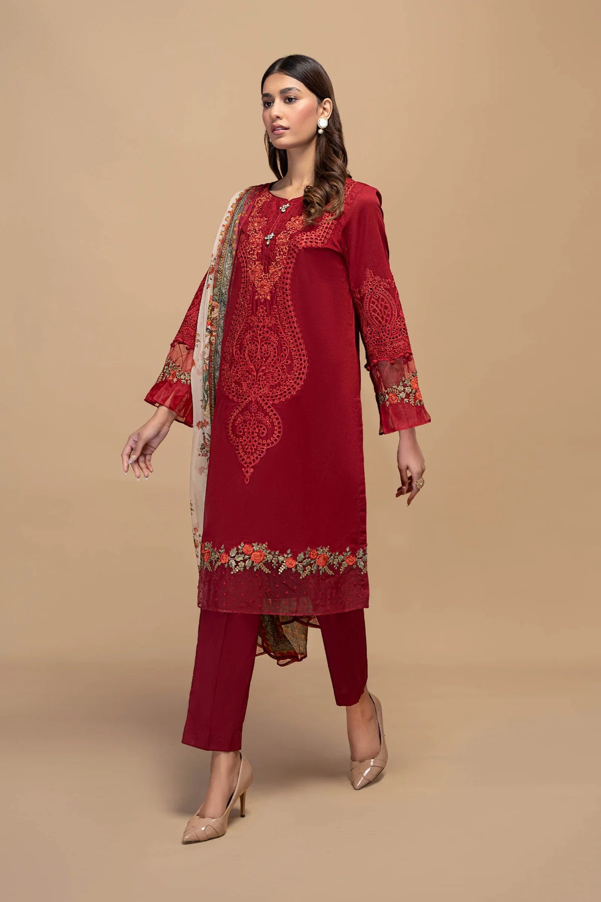 Red Embroidered Shirt with Trouser