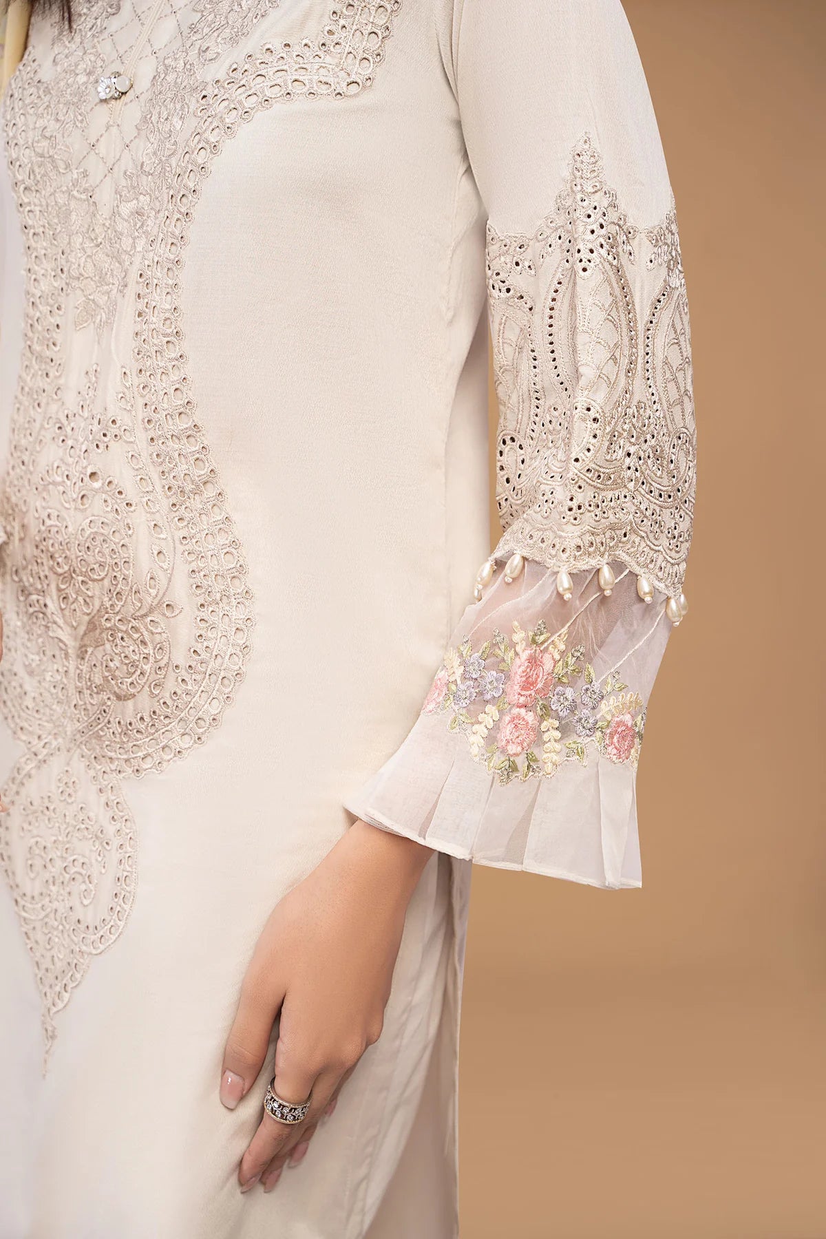 Off-White Embroidered Shirt with Trouser