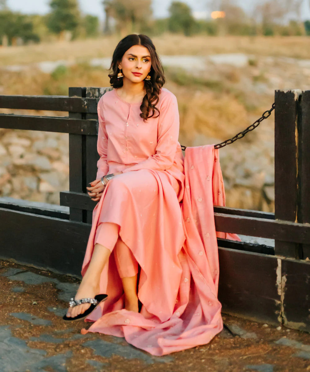 Tea Pink Embroidered Cotton Frock